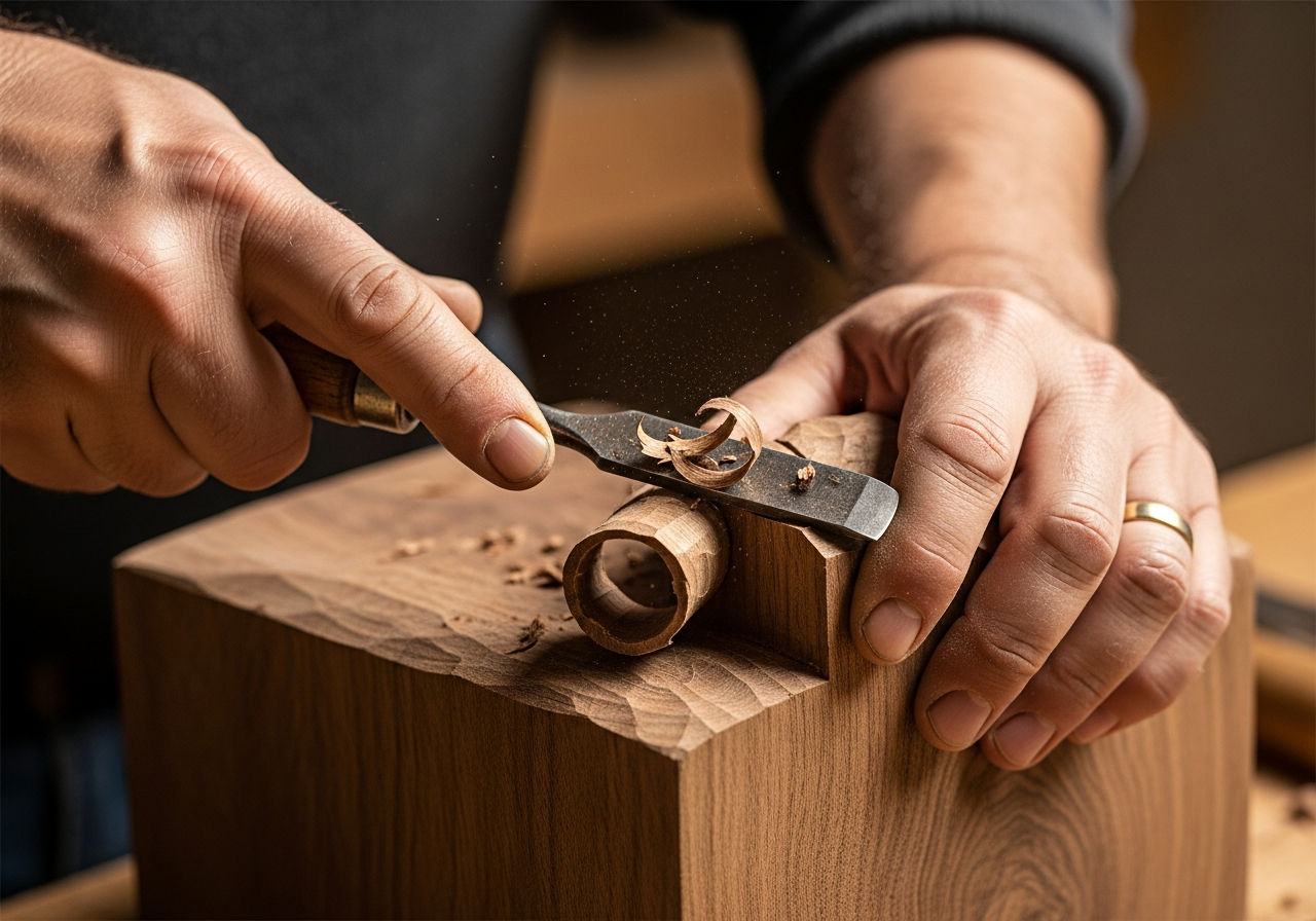 Руки мастера работают с деревом
