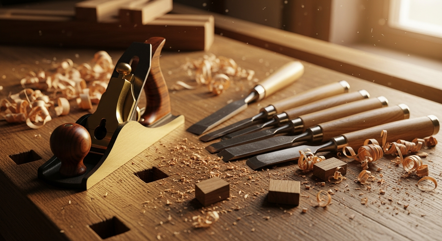 Деревообрабатывающий инструмент на верстаке